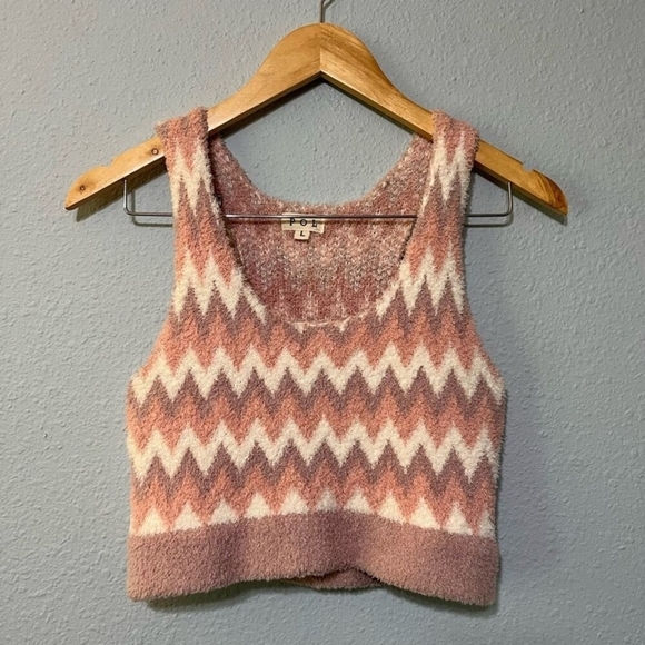 POL Mauve Pink & White Fuzzy Chevron Crop Top Pink Chevron Knit Tank Top - Picture 1 of 3